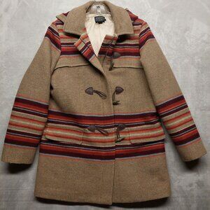 Pendleton Brown Striped Wool Coat With Hood & Toggle Closure Women's Size L Tan